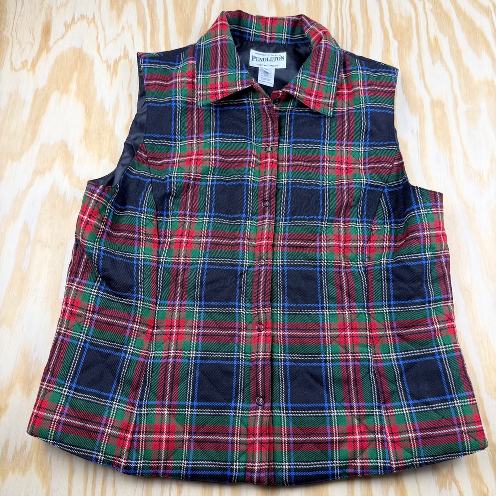 Pendleton Womens Plaid Quilted Wool Vest Red Green Blue Button Front Size M